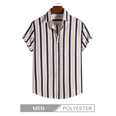 Men Casual Stripe Print Short Sleeve Cuban Collar Bowling Shirt