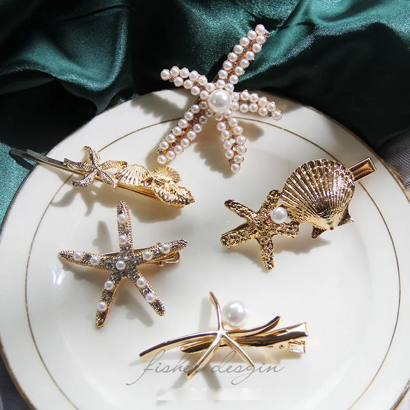 Women Fashion Metal Rhinestone Pearl Starfish Hair Clip