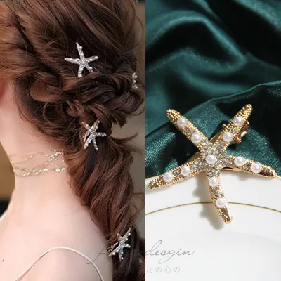 Women Fashion Metal Rhinestone Pearl Starfish Hair Clip