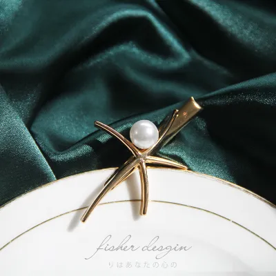 Women Fashion Metal Rhinestone Pearl Starfish Hair Clip