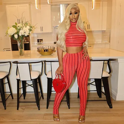 Summer Women Fashion Sexy Crewneck Stripe Print Crop Top Tight Pants Two-Piece Set