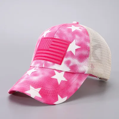 Women Fashion Breathable Mesh Painted Stars Flag Cap