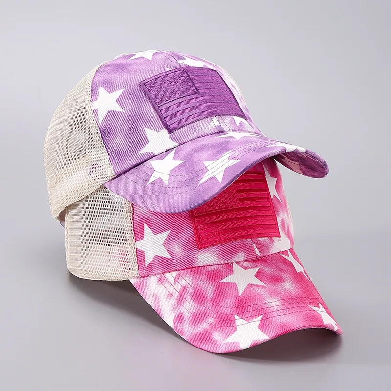 Women Fashion Breathable Mesh Painted Stars Flag Cap
