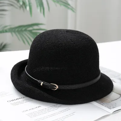 Summer Women Fashion Knitted Breathable Metal Buckle Sunshade Sunscreen Curl Hat