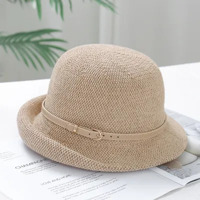 Summer Women Fashion Knitted Breathable Metal Buckle Sunshade Sunscreen Curl Hat