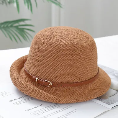 Summer Women Fashion Knitted Breathable Metal Buckle Sunshade Sunscreen Curl Hat