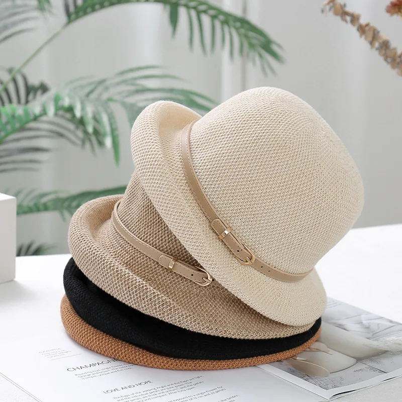 Summer Women Fashion Knitted Breathable Metal Buckle Sunshade Sunscreen Curl Hat
