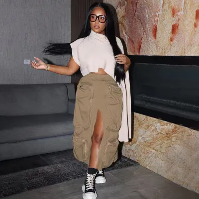 Women Fashion Solid Color High Waist Multi-Pocket Loose Cargo Skirts