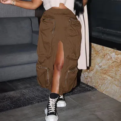 Women Fashion Solid Color High Waist Multi-Pocket Loose Cargo Skirts