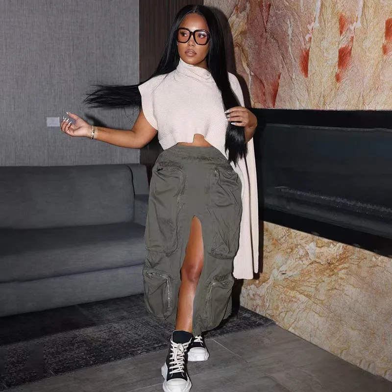 Women Fashion Solid Color High Waist Multi-Pocket Loose Cargo Skirts
