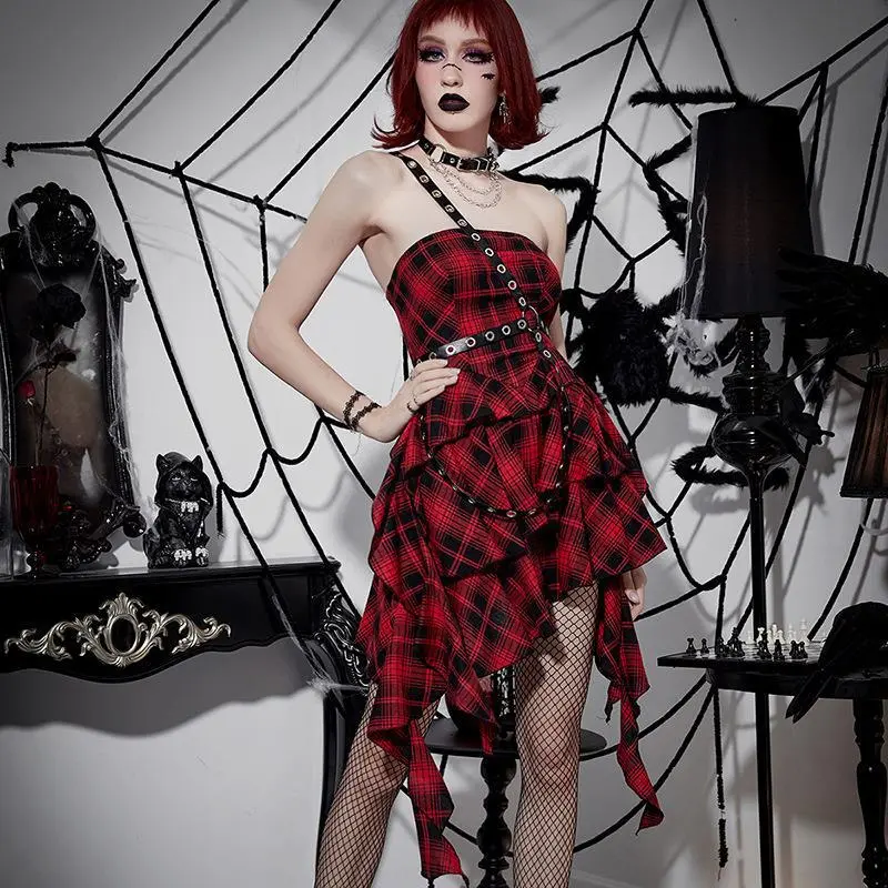 Gothic Women Fashion Check Print Irregular Strapless Midi Dress