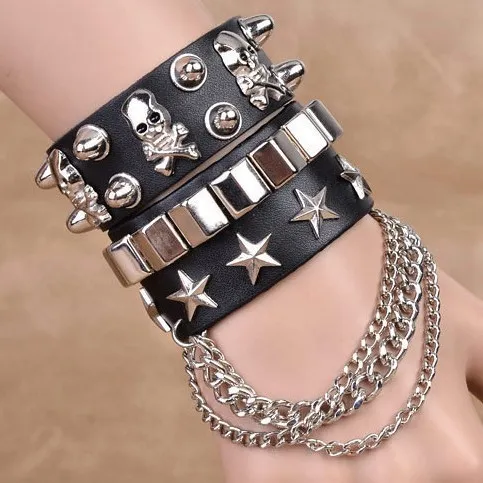 Gothic Punk Skull Rivet Multi-Layer Chain PU Leather Bracelet