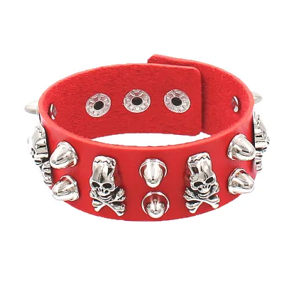 Gothic Punk Compound Skull Wide Leather Bracelet Unisex