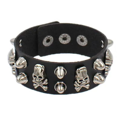 Gothic Punk Compound Skull Wide Leather Bracelet Unisex