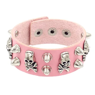 Gothic Punk Compound Skull Wide Leather Bracelet Unisex