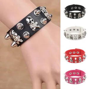 Gothic Punk Compound Skull Wide Leather Bracelet Unisex