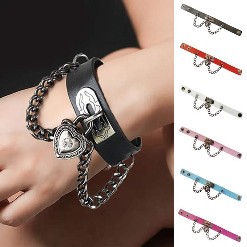 Gothic Personalized Punk Heart Pendant Chain Bracelet Unisex Leather