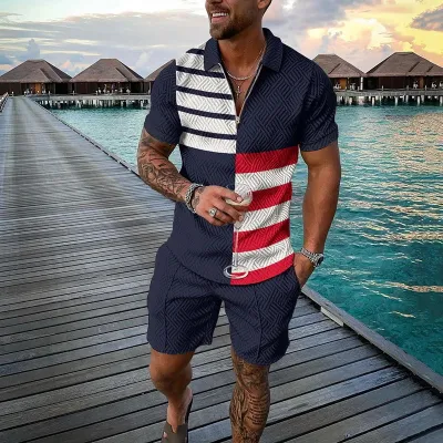 Men's Fashion Casual Color Block Stripe 3D Print Plus Size Short Sleeve Lapel Polo Shirt and Shorts Set