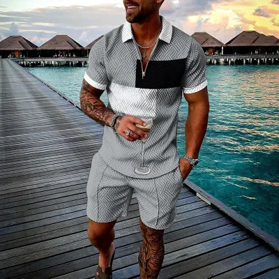 Men's Fashion Casual Color Block Stripe 3D Print Plus Size Short Sleeve Lapel Polo Shirt and Shorts Set