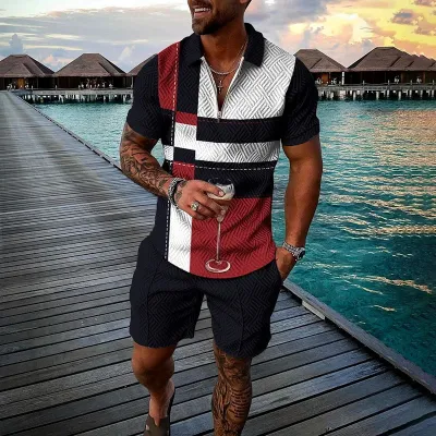Men's Fashion Casual Color Block Stripe 3D Print Plus Size Short Sleeve Lapel Polo Shirt and Shorts Set