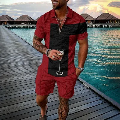 Men's Fashion Casual Color Block Stripe 3D Print Plus Size Short Sleeve Lapel Polo Shirt and Shorts Set