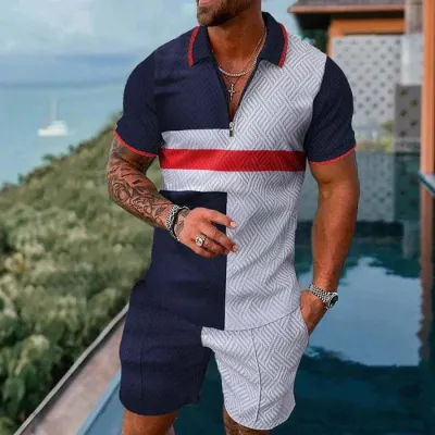 Men's Fashion Casual Color Block Stripe 3D Print Plus Size Short Sleeve Lapel Polo Shirt and Shorts Set