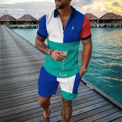 Men's Fashion Casual Color Block Stripe 3D Print Plus Size Short Sleeve Lapel Polo Shirt and Shorts Set