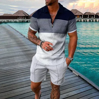 Men's Fashion Casual Color Block Stripe 3D Print Plus Size Short Sleeve Lapel Polo Shirt and Shorts Set