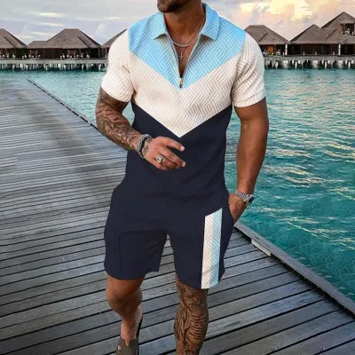 Men's Fashion Casual Color Block Stripe 3D Print Plus Size Short Sleeve Lapel Polo Shirt and Shorts Set