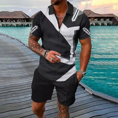 Men's Fashion Casual Color Block Stripe 3D Print Plus Size Short Sleeve Lapel Polo Shirt and Shorts Set