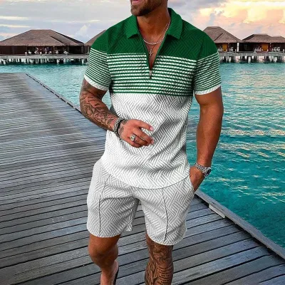 Men's Fashion Casual Color Block Stripe 3D Print Plus Size Short Sleeve Lapel Polo Shirt and Shorts Set