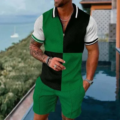 Men's Fashion Casual Color Block Stripe 3D Print Plus Size Short Sleeve Lapel Polo Shirt and Shorts Set