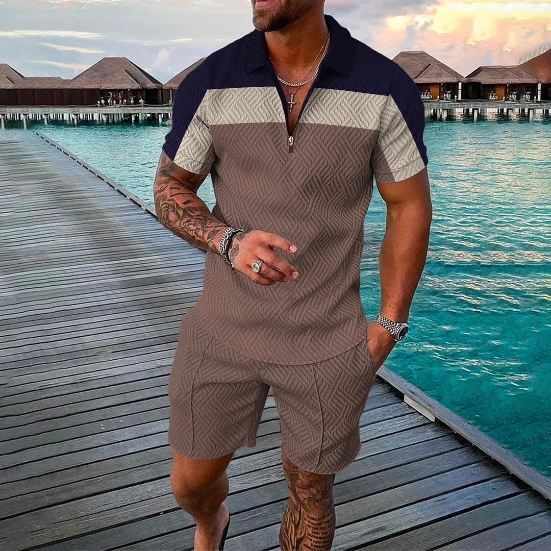 Men's Fashion Casual Color Block Stripe 3D Print Plus Size Short Sleeve Lapel Polo Shirt and Shorts Set