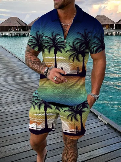 Men Fashion Casual 3D Print Plus Size Short Sleeve Lapel Polo Shirt and Shorts Set