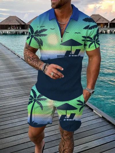 Men Fashion Casual 3D Print Plus Size Short Sleeve Lapel Polo Shirt and Shorts Set