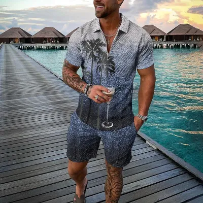 Men Fashion Casual 3D Print Plus Size Short Sleeve Lapel Polo Shirt and Shorts Set