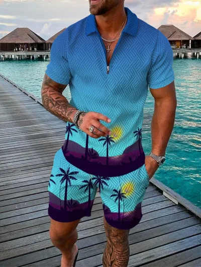 Men Fashion Casual 3D Print Plus Size Short Sleeve Lapel Polo Shirt and Shorts Set