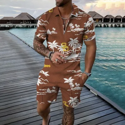 Men Fashion Casual 3D Print Plus Size Short Sleeve Lapel Polo Shirt and Shorts Set