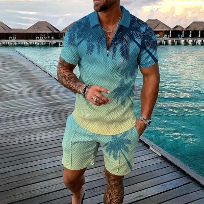 Men Fashion Casual 3D Print Plus Size Short Sleeve Lapel Polo Shirt and Shorts Set