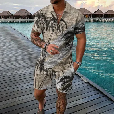 Men Fashion Casual 3D Print Plus Size Short Sleeve Lapel Polo Shirt and Shorts Set