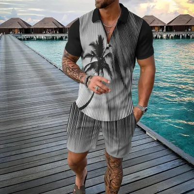 Men Fashion Casual 3D Print Plus Size Short Sleeve Lapel Polo Shirt and Shorts Set