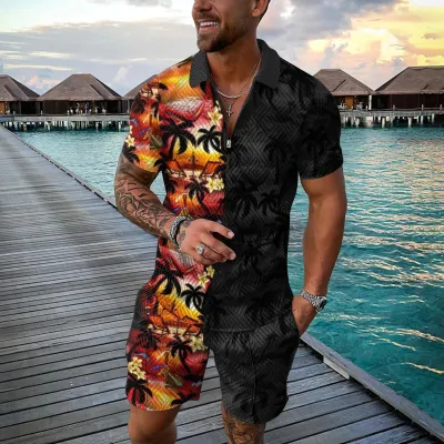 Men Fashion Casual 3D Print Plus Size Short Sleeve Lapel Polo Shirt and Shorts Set