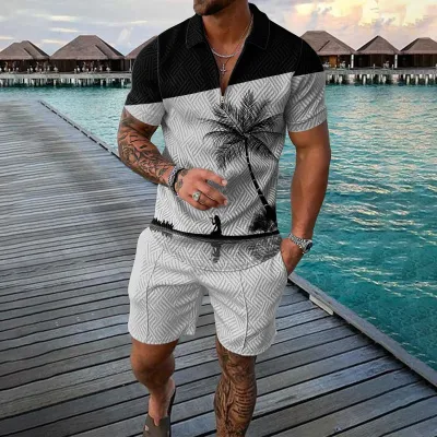 Men Fashion Casual 3D Print Plus Size Short Sleeve Lapel Polo Shirt and Shorts Set
