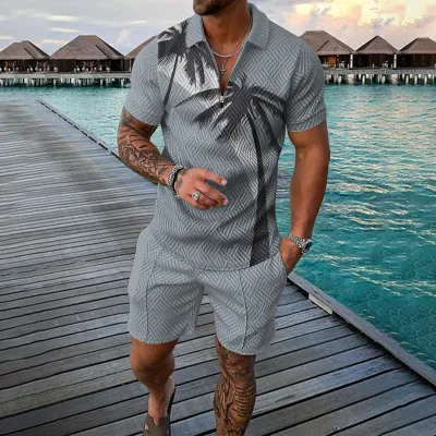 Men Fashion Casual 3D Print Plus Size Short Sleeve Lapel Polo Shirt and Shorts Set