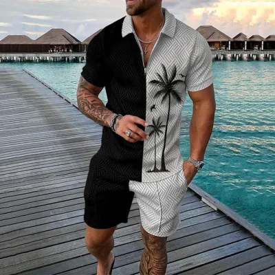 Men Fashion Casual 3D Print Plus Size Short Sleeve Lapel Polo Shirt and Shorts Set