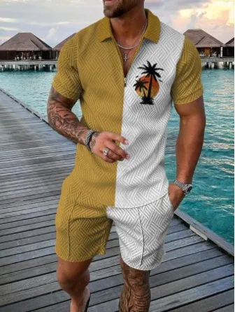 Men Fashion Casual 3D Print Plus Size Short Sleeve Lapel Polo Shirt and Shorts Set