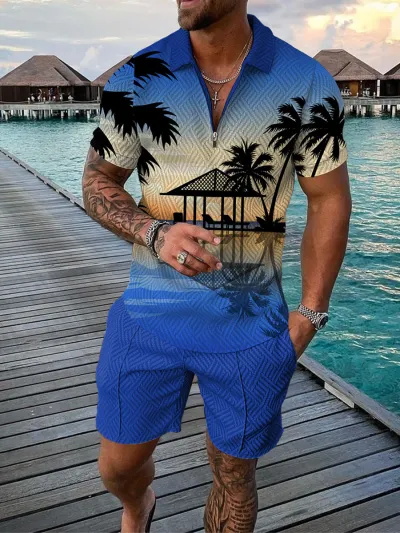 Men Fashion Casual 3D Print Plus Size Short Sleeve Lapel Polo Shirt and Shorts Set