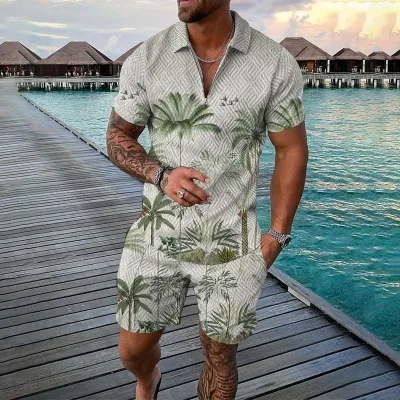 Men Fashion Casual 3D Print Plus Size Short Sleeve Lapel Polo Shirt and Shorts Set