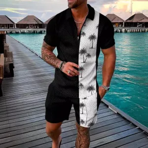 Men Fashion Casual 3D Print Plus Size Short Sleeve Lapel Polo Shirt and Shorts Set