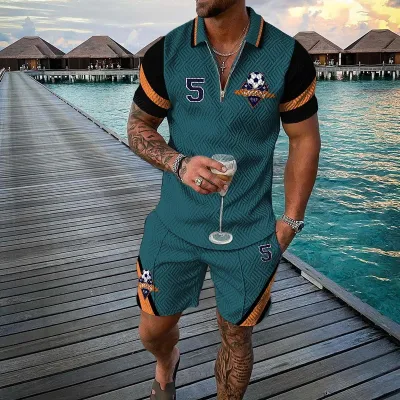 Men Fashion Casual Tiny Flower 3D Print Plus Size Short Sleeve Lapel POLO Shirt Shorts Set